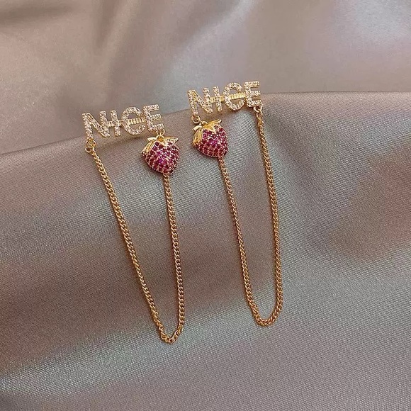 4/$15 Cute Rhinestones Gold and Pink Strawberry Chain Earrings - Picture 7 of 9